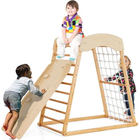 COSTWAY Triángulo de Escalada de Madera para Niños 6 en 1, Rampa De Doble Cara, Barras, Red para Escalar Y Escalera, Juego de Escalada Montessori para Niños Pequeños de 1+ Año (Natural) (1/5)