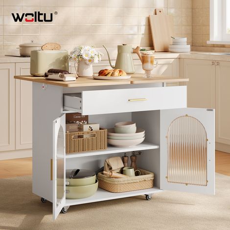 WOLTU Kücheninsel mit Rollen, Küchenschrank Klappbare Arbeitsplatte, Drehbare Arbeitsplatte, Sideboard Multifunktionaler mit Schubladen, 80x73x73,5 cm, Helle Eiche + Weiß (1/5)