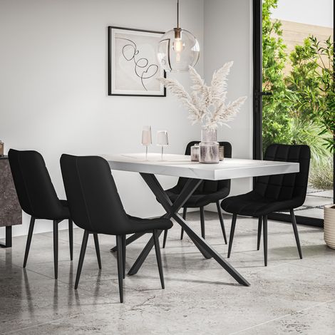 Donni Dining Table And Chairs - White Marble Effect Table Top w Black Legs + Nova Faux Leather Dining Chair Set Of 6 (Black) (1/5)