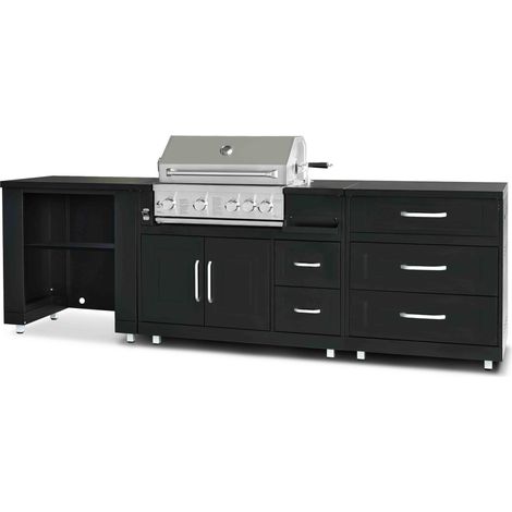 Oviala – Cuisine d'extérieur 3 modules en acier inoxydable – Barbecue gaz 4 brûleurs tubulaires + 1 infrarouge – Plan de travail 89 cm – Rangement 3 tiroirs