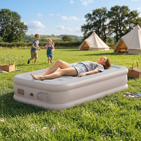 Matelas gonflable individuel pliable avec pompe. Gonflage 3 min, dégonflage 2 min. Sac de transport. Charge 200 kg. 190x97x39 cm. Kaki.