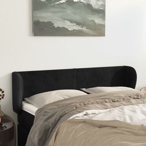 Tête de lit avec oreilles pour lit double, Tableau décoratif de chevet élégante Noir 147x23x78/88 cm Velours SDG48973 (1/5)