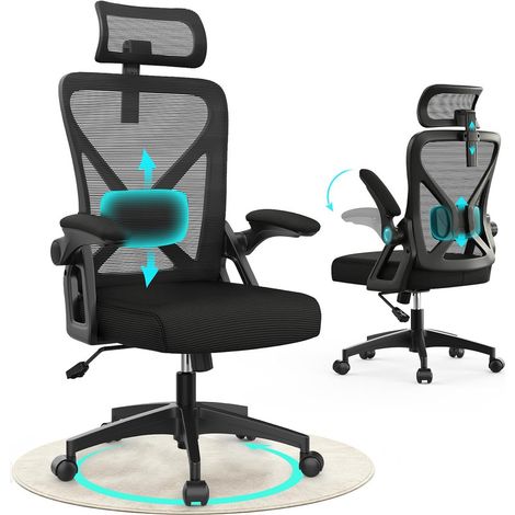 Chaise de bureau ergonomique, dossier, accoudoirs et appui-tête réglables, soutien dorsal renforcé, charge maximale de 150 kg, inclinaison à 120°, noir