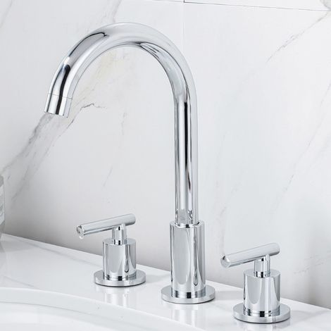 Juego de grifos para lavabo de tres orificios separados, cartucho de latón, cuello de cisne plateado (1/3)
