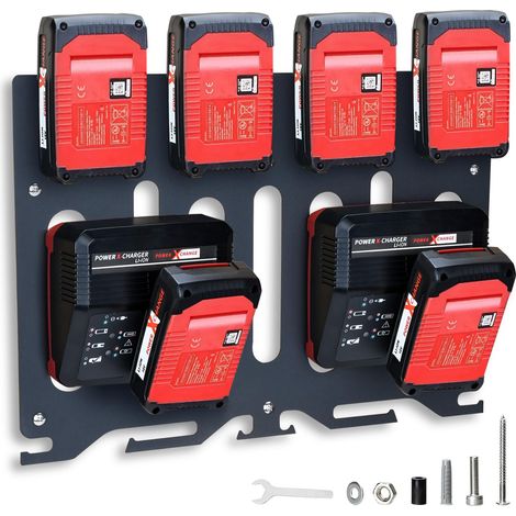 Support mural 3en1 pour chargeurs et perceuse-visseuse sans fil, support stable pour 4 batteries et chargeur et perceuse-visseuse sans fil, 77576, Noir (1/5)