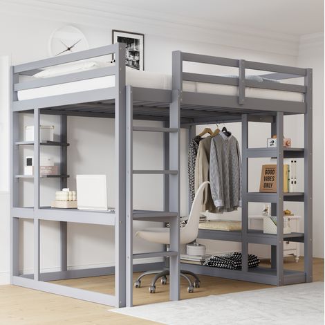 Lit mezzanine 140/200 cm gris en bois avec bureau et rangements (1/5)