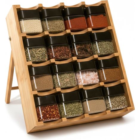 Relaxdays spice rack with 16 jars, bamboo, HxWxD: 35x30x9 cm, 4 tiers, standing, natural (1/5)
