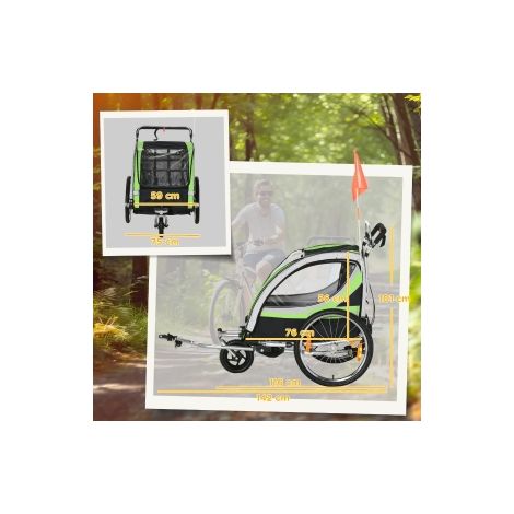 Remorque vélo verte 2 places avec fonction poussette, protection pluie et frein pour balades à vélo, parc et plein air (1/5)