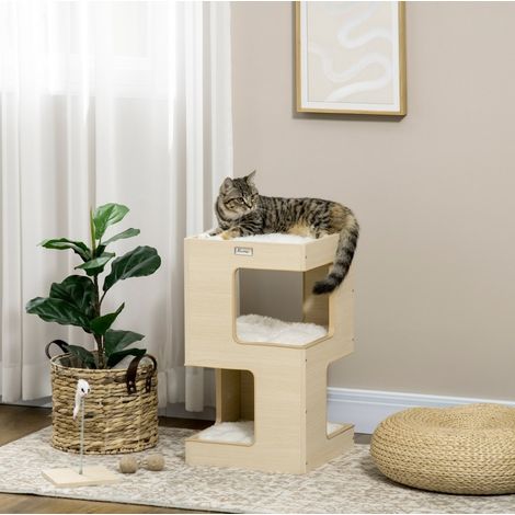 Tana per gatti a 2 livelli con gioco, 34 x 34 x 60 cm, naturale e grigio chiaro DESVIAE (1/5)