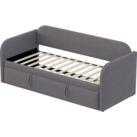 Lit banquette extensible 90/180x190 cm en lin gris avec sommier à lattes (1/5)