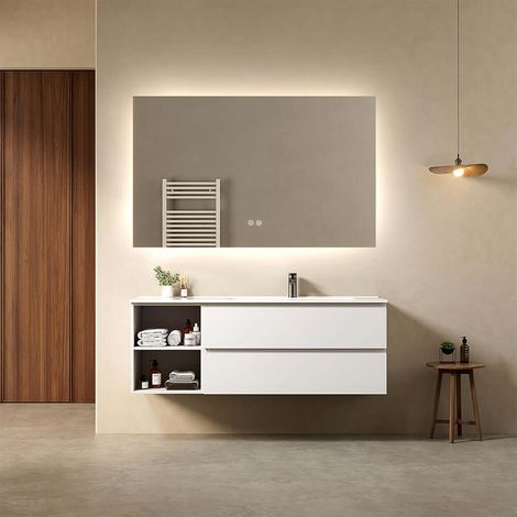 Mobile bagno sospeso 140 cm Bianco Lavabo a Destra in Resina Specchio Quadro Retroilluminato - Fiji Paint Plus (1/4)