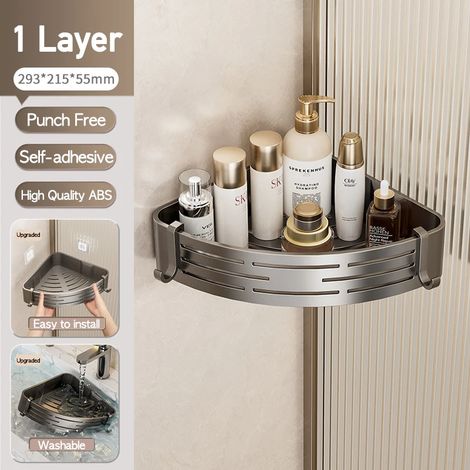(Gris, 1 niveau) Étagère de salle de bain murale d'angle sans perçage, en plastique blanc, pour douche, rangement pour produits cosmétiques et shampoing. (1/5)