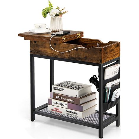 2-Tier Side Table End Table w/USB Ports & Flip Top Narrow Nightstand for Bedroom (1/5)