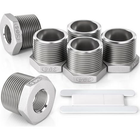 6 Pcs 3/4" mâle vers 3/8" femelle Raccord réducteur à douille hexagonale en acier inoxydable, filetage BSP, pour le raccordement de tuyaux (1/5)