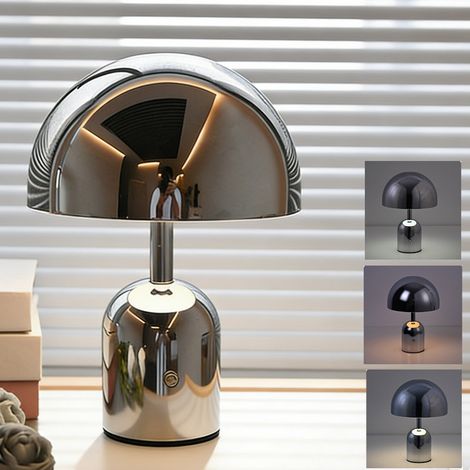 Lampe de bureau sans fil en métal argenté, lampe champignon LED, intensité variable (3000K/4500K/6000K), commande tactile, 250 cm (H) x 180 cm (L) (1/5)