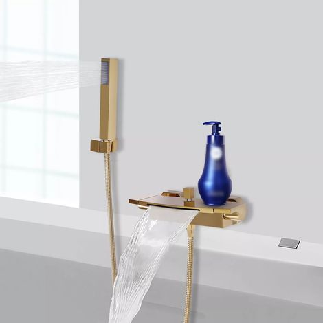 Bad Wasserhahn Wasserfall Wannenarmatur Antik Messing Dusche Armaturen Set Kupfer Wand Heiß und Kalt Badewanne Gold (1/5)