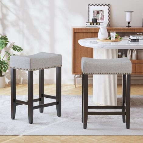Set aus 2 Barhockern für Kücheninseln, Tresenhöhe (65,5 cm), Sitzfläche aus PU-Leinen mit Fußstütze, grau. Ideal für Küche, Esszimmer oder Bar. (1/5)