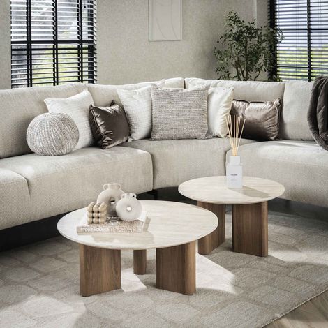 Set aus 2 runden Couchtischen Jimi mit Travertinplatte und