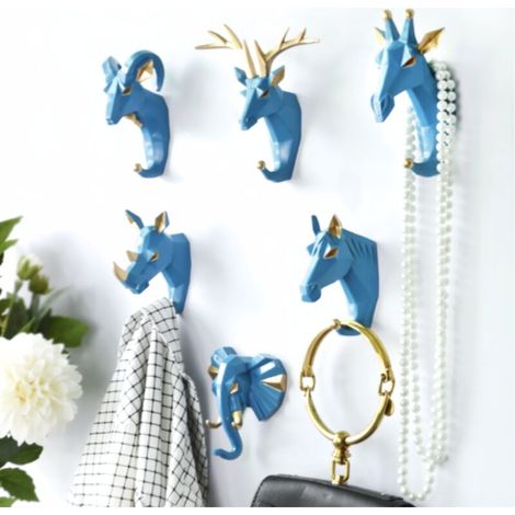 6er-Set Wandhaken mit Tierköpfen (Hirsch, Elefant, Ziege) – Kreative Vintage-Retro-Dekohaken aus Kunstharz für Tür, Eingangsbereich, Schlafzimmer, Badezimmer – Gold/Blau – Crezuo