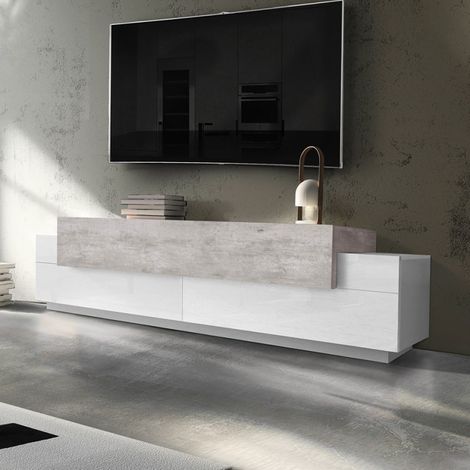 Mueble de TV blanco y gris cemento 200 cm diseño 3 compartimentos Corona Low Bronx (1/5)