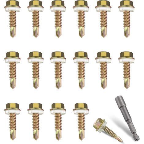 Lot de 100 vis à tôle autotaraudeuses en acier au carbone avec joint d'étanchéité pour tôles de toit, vis autotaraudeuses, pour vis à tôle, carrosserie, tôle d'aluminium (M4 x 25 mm) (1/5)