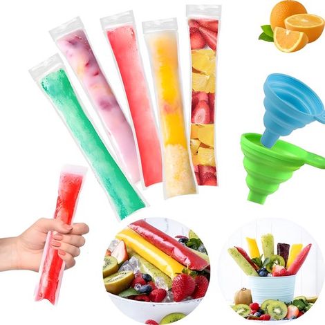 Sachets pour bâtonnets glacés 100 pièces – Avec 2 entonnoirs – Sachets à glace sans BPA pour préparer des glaces maison – Pour camping pique-nique barbecue fête et piscine (1/5)