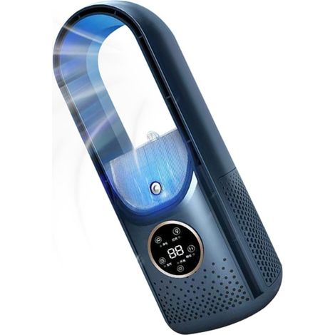 Ventilador portátil sin aspas, alimentado por USB, con 6 velocidades y temporizador de nebulización, ideal para uso doméstico.