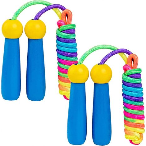 Corde à sauter pour enfants (bleue), [Lot de 2] Corde en coton ajustable avec poignée en bois Corde à sauter confortable et antidérapante pour garçons et filles, entraînement physique (1/5)