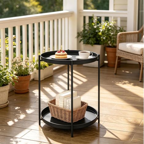 Tavolino rotondo in metallo 44 x 44 x 53 cm con 2 ripiani, nero HAVRYA (1/5)