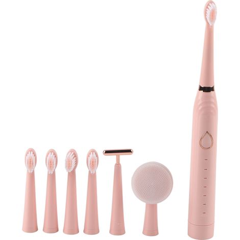 Brosse à dents électrique multifonctionnelle, brosse douce pour les cheveux, massage du visage, brosse à dents automatique rose (1/5)