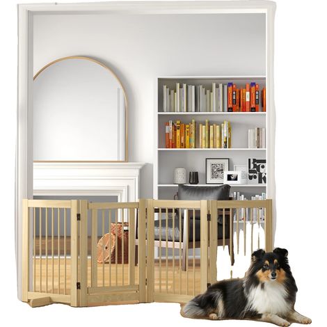 Puerta para perros, madera de pino natural, 91 cm de alto, 4 paneles, montaje sin taladrar, adecuada para perros de tamaño mediano. (1/5)