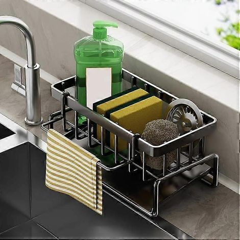 Porte-éponge Maifan pour évier de cuisine avec porte-brosse et bac d'égouttage en acier inoxydable, organisateur d'évier antirouille pour éponge et savon. (1/5)