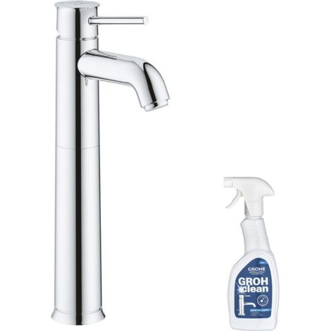 Grohe – Mitigeur de lavabo taille XL chromé – Monotrou sur plage – Levier métallique – Mousseur EcoJoy 5 l/min – Nettoyant GrohClean 500 ml