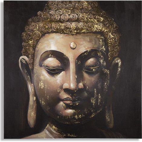 Dipinto su tela Buddha B, volto di Buddha primo piano con foglia d'oro