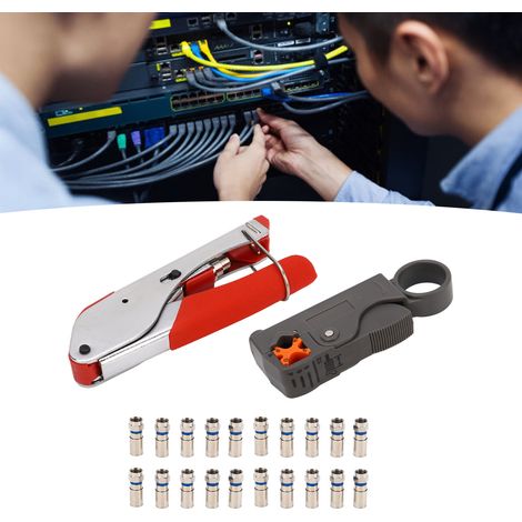Kit d'outils de compression pour câble coaxial, kit d'outils de compression pour câble coaxial RG6 avec 20 connecteurs RG6, outil de dénudage pour câble coaxial (1/5)