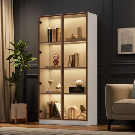 Vitrine en verre avec éclairage LED 16 couleurs, double portes, étagères réglables 80x40x160cm, pour salon, salle de bain ou vitrine exposition (1/5)