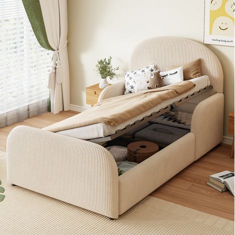 Letto imbottito 90x200 cm beige in velluto con spazio contenitore idraulico (1/5)