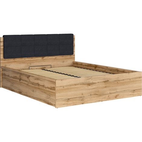 Lit adule 160x200 avec tête de lit capitonnée noir,sommier et rangement, coloris Chêne wotan - Longueur 204,5 x Profondeur 169 x Hauteur 95/40,5 cm (1/5)