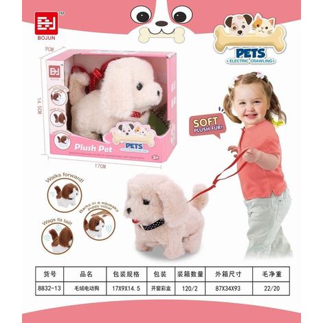Perro interactivo blanco que ladra, mueve la cola, pasea, incluye correa y collar.