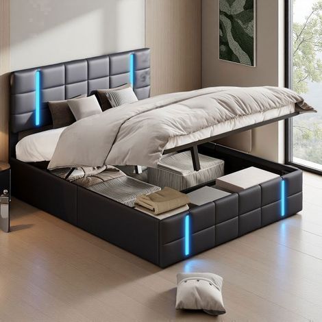 Cama 140x190 cm - 23YZ04 - Doble USB - LED RGB - hidráulica - marco de cama cofre 140x190 cm - PU - Negro