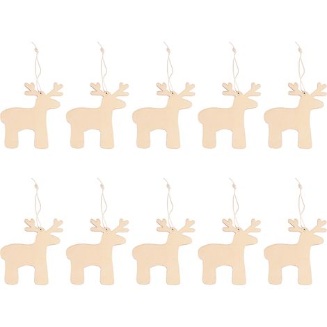 Set mit 10 hochwertigen Weihnachtsbaumkugeln aus Pappelholz (E1-Qualität), Rentier- und Schneeflockenformen, 10 cm, mit Schnüren (1/5)