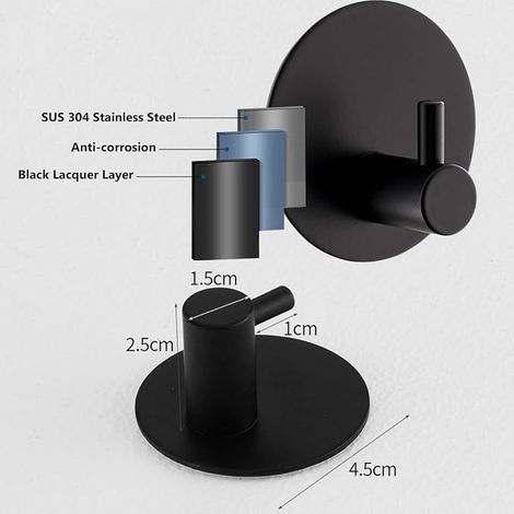 Drenky Wall Mounted Adhesive Hook Bathroom Hooks 304 Stainless Steel Round Hooks Kitchen Tea Towel Hook No Drilling with Sticky Pad Adhesive Hook Black (1/4)