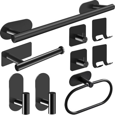 Ensemble de porte-serviettes muraux 9 pièces, fixation sans perçage, noir, accessoires pour salle de bain et cuisine (1/5)