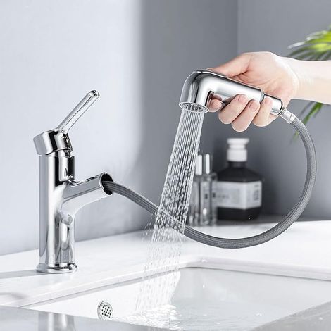 Robinet de Lavabo avec Douchette Extractible, Mitigeur Salle de Bains avec 2 Modes D'écoulement aux Choix, Robinettrie Lave-mains Aérateur Démontable, Cartouche en Céramique, Chromé, Laiton (1/5)