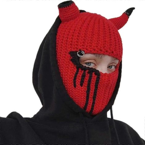 Bonnet tricoté, masque intégral, bonnet en laine, cagoule, chapeau d'Halloween, rayures rouges et noires (1/5)