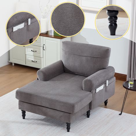 Poltrona relax extra large 125,5 x 97 x 86 cm - Poltrona ampia con tasche portaoggetti e gambe in legno massello - Per soggiorno, camera e ufficio - Chenille - Grigio