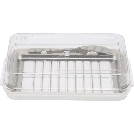 Boîte de rangement pour beurre et fromage en acier inoxydable avec couvercle transparent, socle blanc, pour cuisine. (1/5)