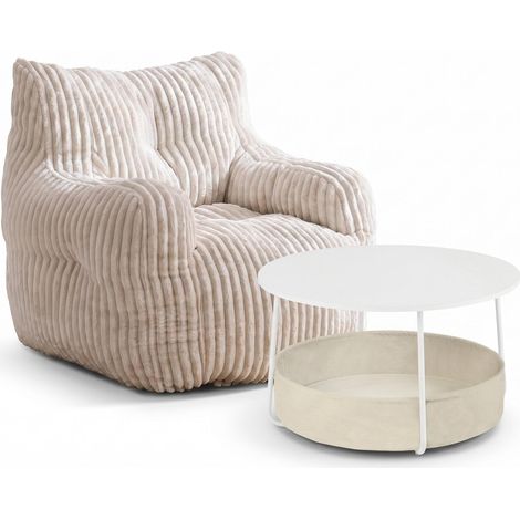 FurnitureR Wohnzimmer Set Sessel creme Stoff mit rundem Couchtisch weiß mit Ablage moderne Wohnzimmermöbel Set kompakt kleines Wohnzimmer