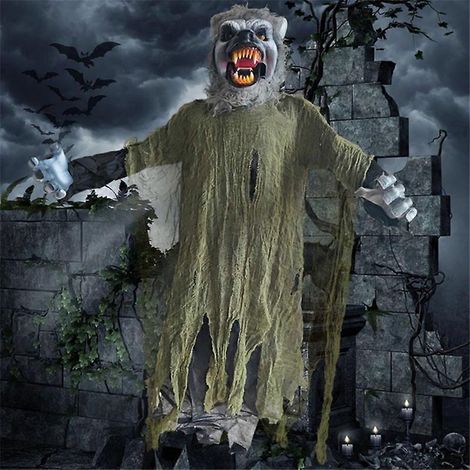 Hängende Werwolf-Halloween-Dekoration, Wolf-Halloween-Deko mit leuchtenden LED-Augen und gruseligen Geräuschen für den Innen- und Außenbereich, Rasen- und Gartendekoration (1/5)