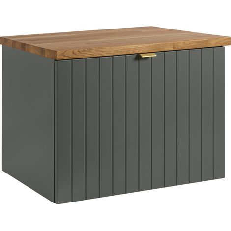 Meuble sous-vasque suspendu HARMO 60 cm avec plan en bois massif Façade rainurée vert semi-mat (1/5)